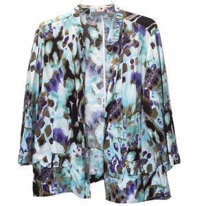 Chicos Jacket Women Size Large 12 Linen Blend Watercolor Open Front 3/4 Sleeve